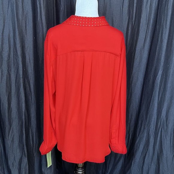 Rebecca Malone Red Blouse Hidden‎ Button Long Sleeve Gold Stud Collar Size XL - Picture 6 of 9